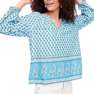 J. Crew Blue & White Block Floral Paisley Print Boho Popover Top - M